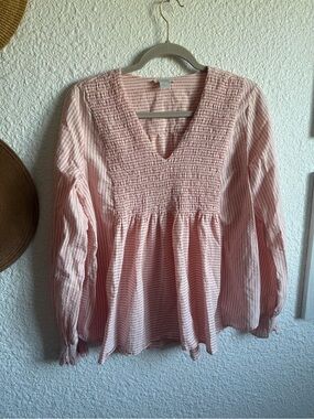 Sundance Pink Smocked V-Neck Peasant Blouse